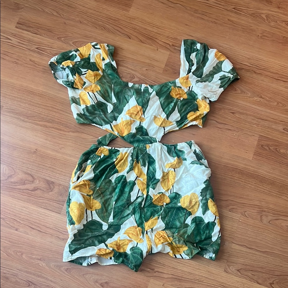 FARM Rio Green and Yellow Leaf Print Romper